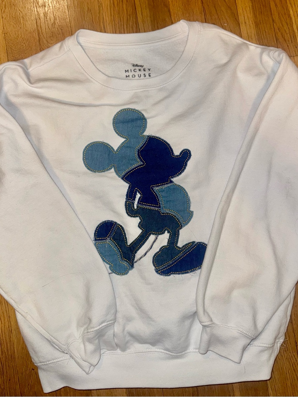 Disney White Sweatshirt with Blue Patchwork Mickey Silhouette